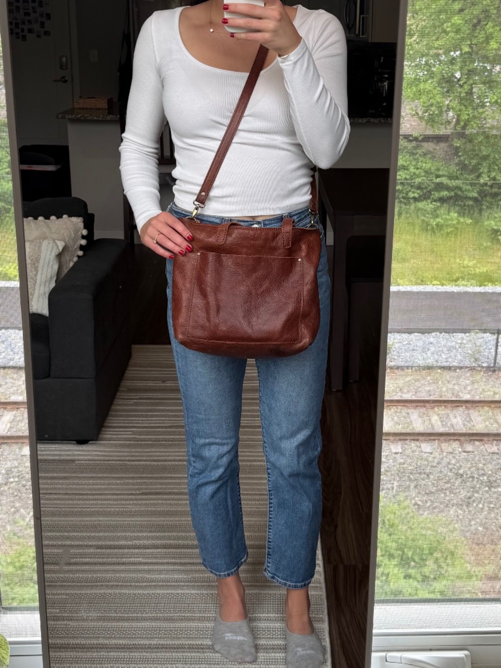 Portland Leather Medium Crossbody Tote with Zipper in Nutmeg - Picture 9 of 11